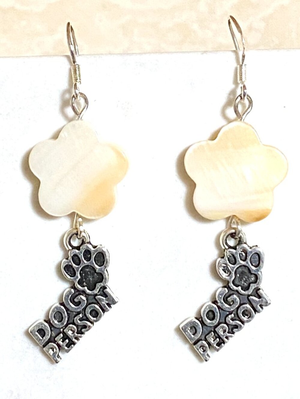 2/$20, Mother of Pearl Flower & Dog Person Dangle Earrings w/ 925 Silver Hooks